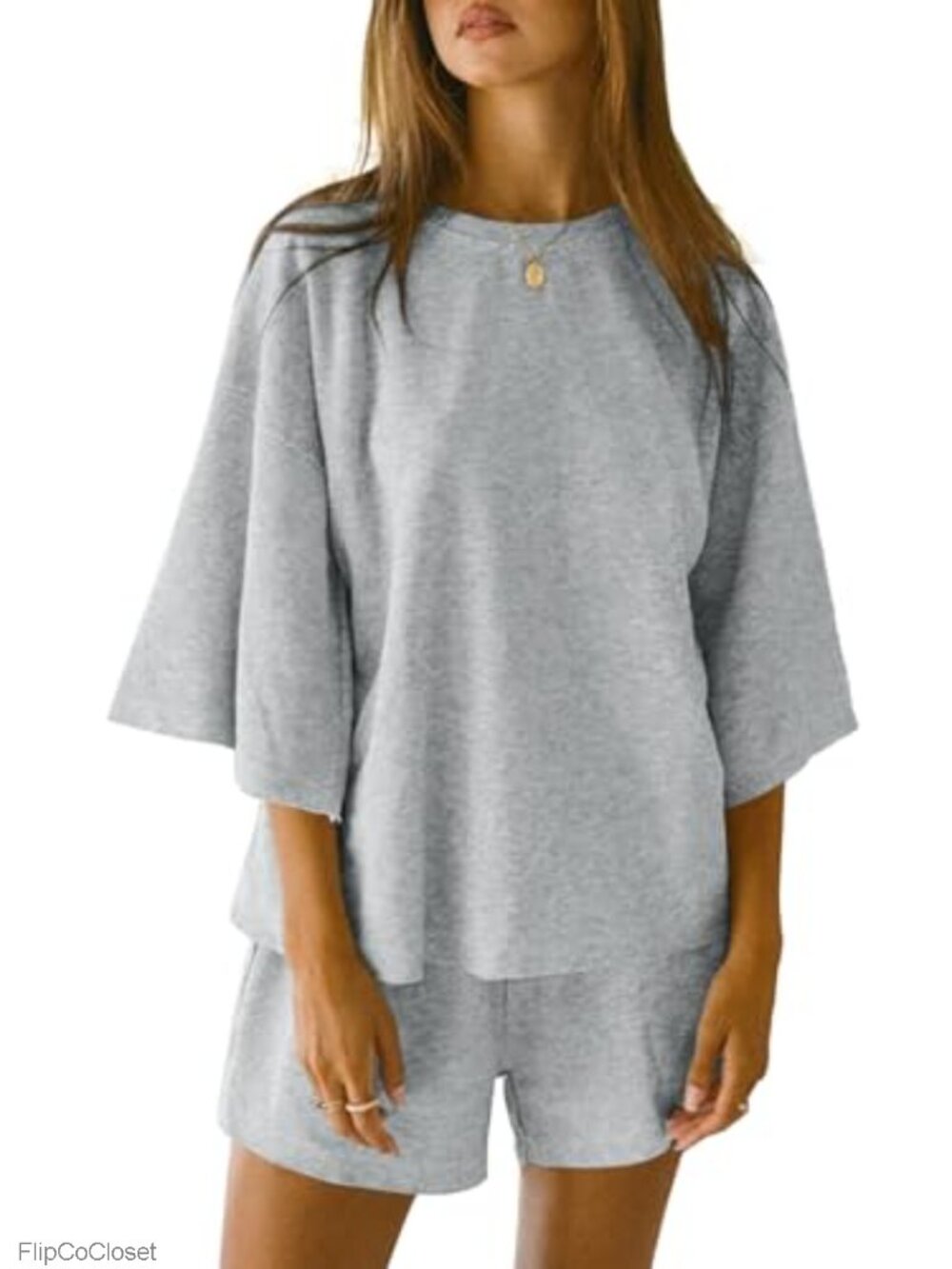 Women's 2 Piece Oversized Lounge Set 3/4 Sleeve Top & Loose Shorts